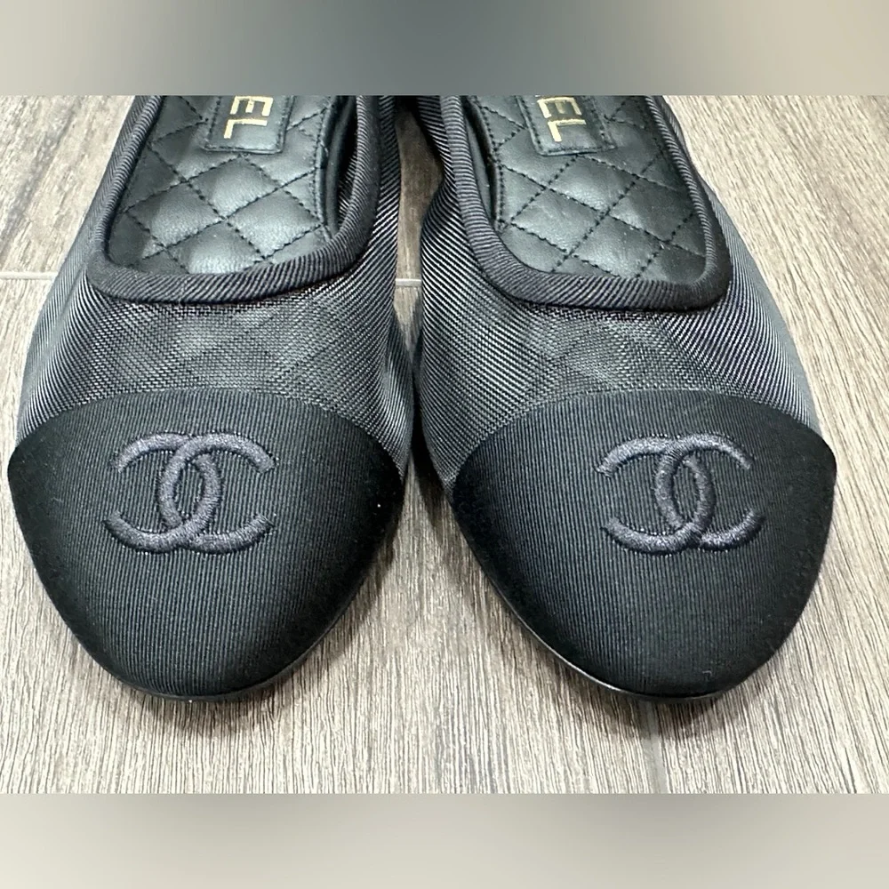 2025 CHANEL BLACK MESH BALLET FLATS BALLERINA SHOES 37 NEW - Picture 4 of 16